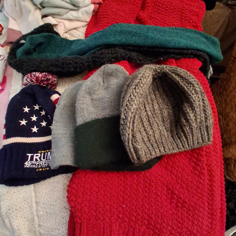 Assorted Knit Beanie Lot with Red Scarf
